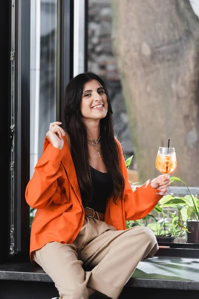 Positive Woman Holding Cocktail Window Cafe — Foto de Stock