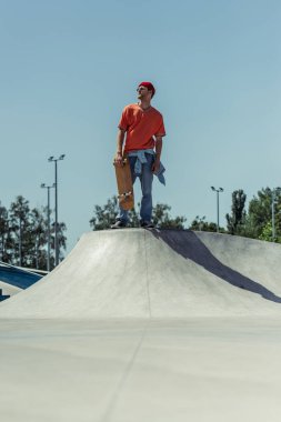 low angle view of trendy man standing on ramp in skate park