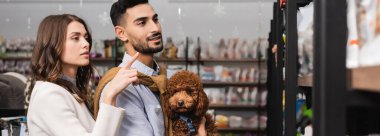 Woman pointing at showcase near arabian boyfriend with poodle in pet shop, banner 