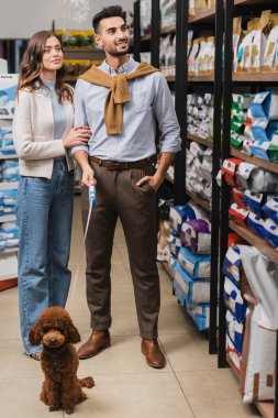 Smiling multiethnic couple looking at packages on showcase near poodle in pet shop 