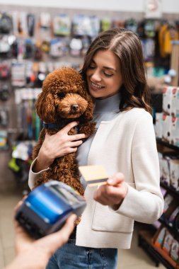 Smiling woman looking at poodle and paying with credit card in pet shop  clipart
