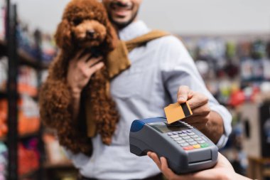 Cropped view of blurred man with poodle paying with credit card near seller with payment terminal in pet shop 