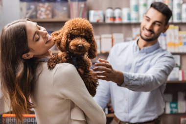 Smiling woman holding brown poodle near blurred muslim seller in pet shop 