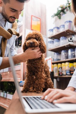 Smiling muslim man petting poodle near veterinarian using laptop in pet shop 