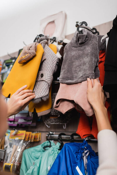 Обрезанный вид женщины, выбирающей одежду для животных в зоомагазине 