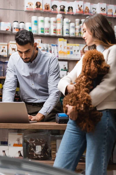 Customer Holding Poodle Muslim Salesman Using Laptop Pet Shop — ストック写真