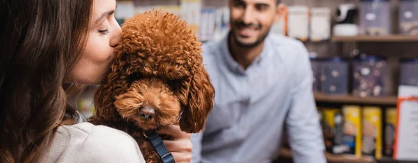 Woman Kissing Brown Poodle Blurred Seller Pet Shop Banner —  Fotos de Stock