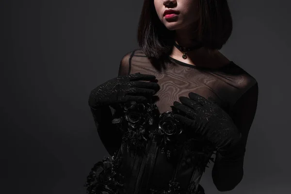 Cropped View Brunette Young Woman Black Gothic Dress Gloves Posing — Stock fotografie