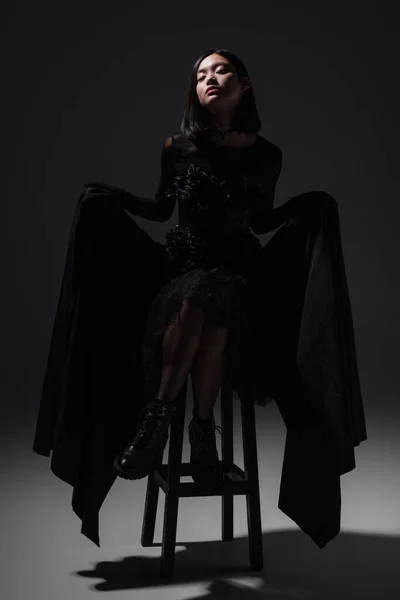 Full Length Asian Model Black Gothic Dress Gloves Sitting High — 스톡 사진