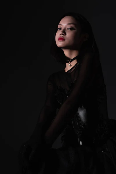 Portrait Young Asian Woman Gothic Outfit Corset Isolated Black — 스톡 사진