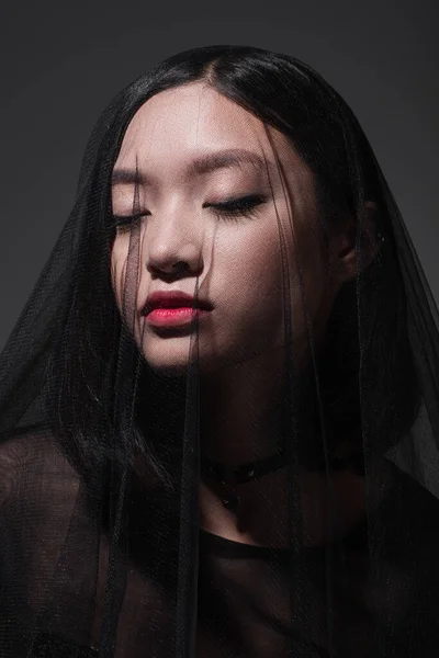 Portrait Asian Model Makeup Black Veil Isolated Grey — Stockfoto