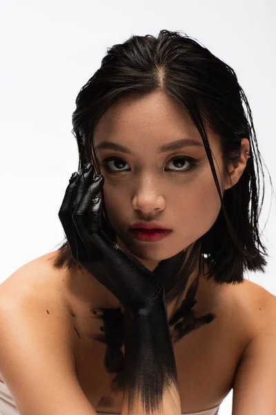 Brunette Young Asian Woman Hand Black Paint Looking Camera Isolated — 스톡 사진