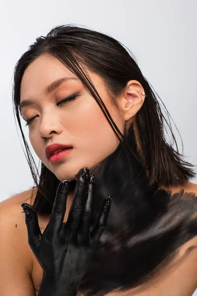 Brunette Young Asian Woman Closed Eyes Hand Black Paint Touching — 스톡 사진