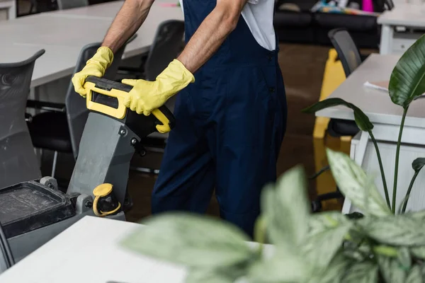 Cropped View Man Overalls Rubber Gloves Working Floor Scrubber Machine — Stock Photo, Image
