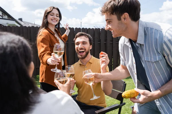 Allegri Amici Multietnici Brindare Con Vino Durante Picnic Cortile — Foto Stock