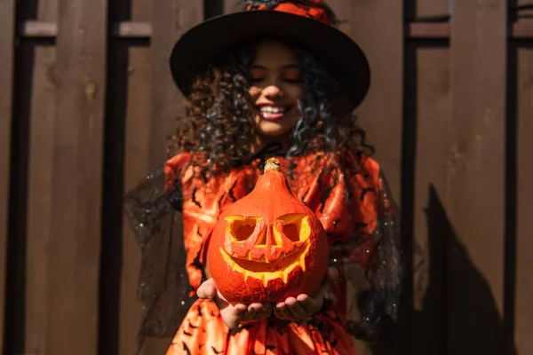 Selective Focus Carved Pumpkin Hands Smiling Girl Witch Halloween Costume — Stock Photo, Image