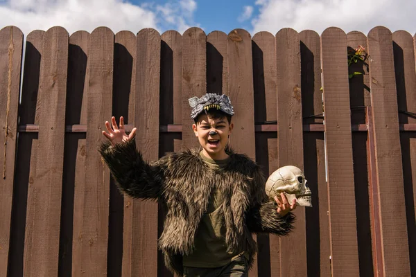 Asian Boy Werewolf Costume Showing Frightening Grimace Gesturing While Holding — Stock Photo, Image