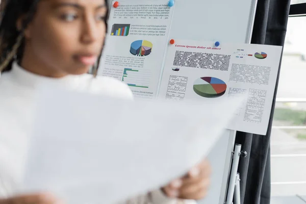 Papers on flip chart near blurred african american businesswoman in office