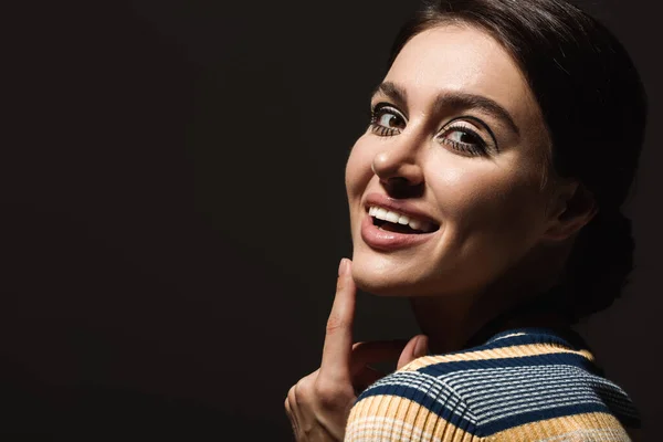 Retrato Feliz Pin Mulher Gola Alta Listrada Olhando Para Câmera — Fotografia de Stock