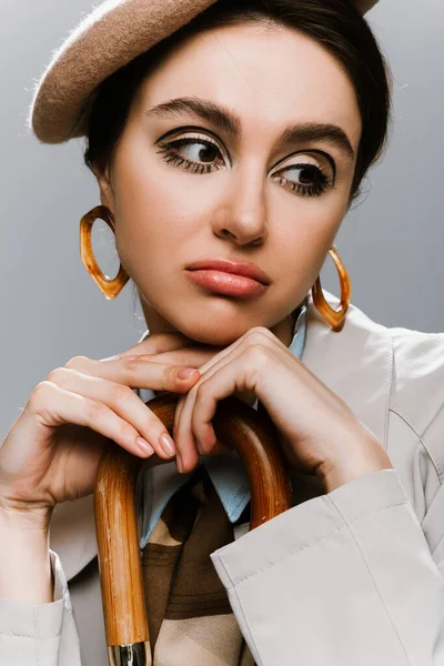 Portrait Sad Young Woman Beret Trench Coat Posing Umbrella Handle — Stock Photo, Image