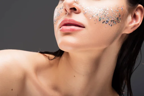 Cropped View Young Woman Sparkling Glitter Cheeks Isolated Grey — Stock Photo, Image