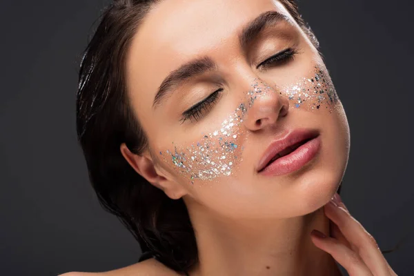 Close Young Brunette Woman Closed Eyes Sparkling Glitter Cheeks Isolated — Stock Photo, Image