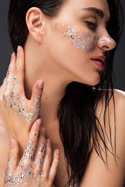 Side View Young Brunette Woman Sparkling Glitter Cheeks Hands Isolated — Stock Photo, Image