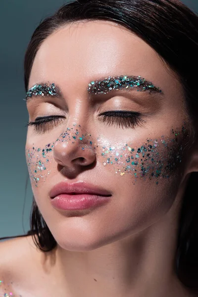 Portrait Young Woman Glitter Cheeks Eyebrows Isolated Grey — Stock Photo, Image