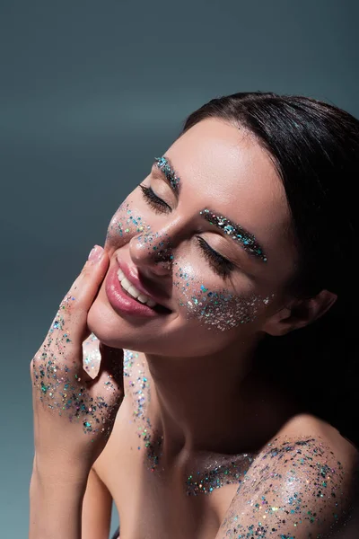 Portrait Happy Woman Closed Eyes Glitter Eyebrows Touching Face Isolated — Stock Photo, Image
