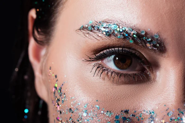 Close View Young Woman Sparking Glitter Eyebrow Face Isolated Black — Stock Photo, Image