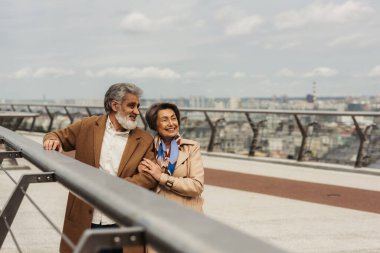 Mutlu yaşlı kadın sakallı ve neşeli kocasını kucaklıyor köprü korkuluklarının yanında 