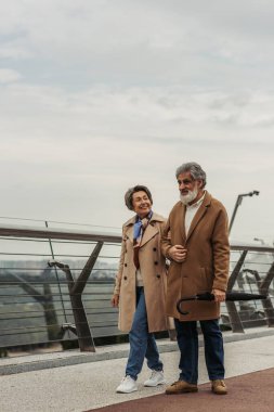 full length of cheerful senior woman walking with bearded husband holding umbrella near guard rail of bridge  clipart