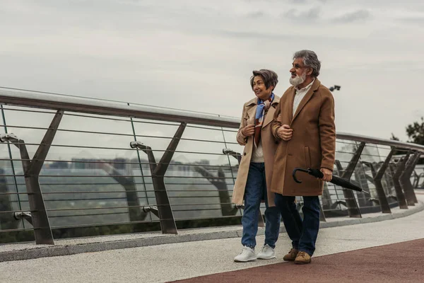 Longitud Completa Sonriente Mujer Mayor Caminando Con Marido Barbudo Sosteniendo — Foto de Stock