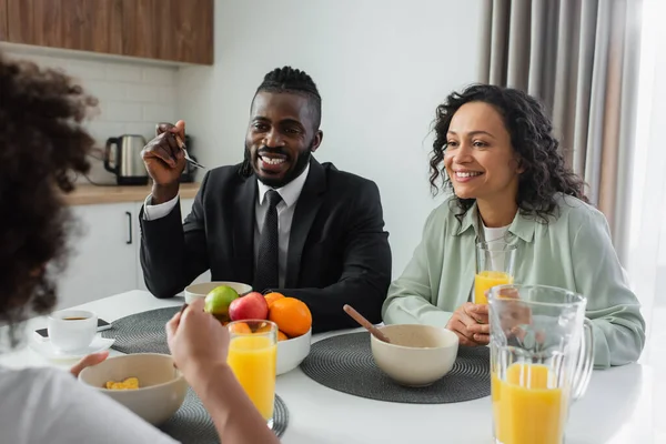 Cheerful African American Parents Looking Daughter Breakfast — Stock Photo, Image