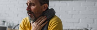 diseased man in warm scarf touching sore throat and coughing at home, banner clipart