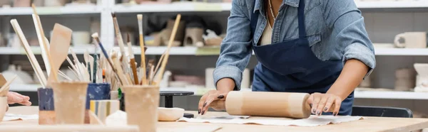 Partial View Young African American Woman Apron Modeling Clay Rolling — Stock Photo, Image