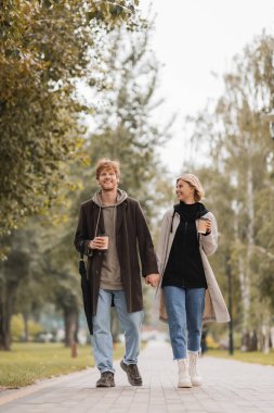 full length of happy couple in coats holding hands and walking with paper cups in autumnal park  clipart