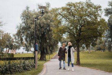 Parkta yürürken el ele tutuşan mutlu kızıl saçlı adam ve sarışın genç kadın. 