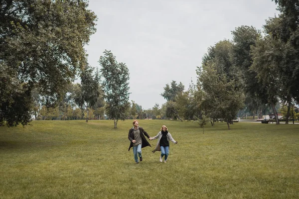 草の上を走りながら手を取り合う幸せな男と幸せな女の長さ — ストック写真