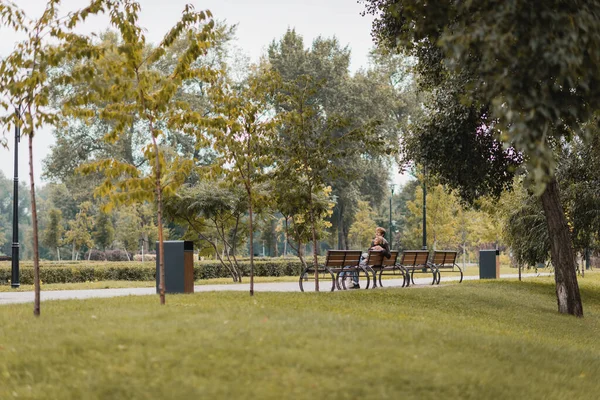 Happy Young Man Woman Sitting Wooden Bench Green Park — Stock Photo, Image