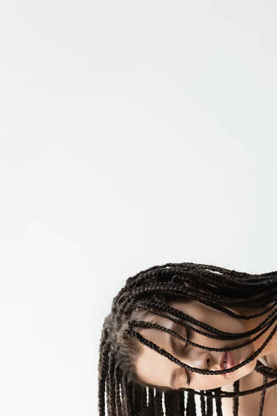 Portrait Young Model Brunette Braids Closing Eyes Isolated Grey — Stock Photo, Image