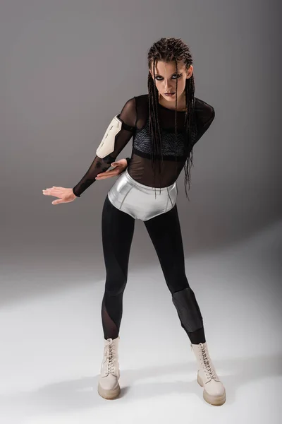 Full Length Futuristic Woman Black Bodycon Jumpsuit Silver Shorts Grey — Stock Photo, Image