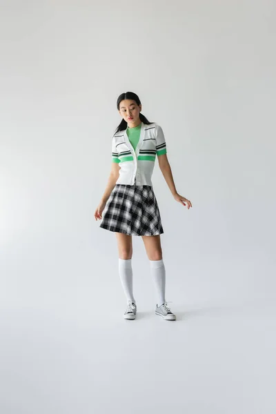 Full Length Young Asian Woman Skirt Knee Socks Standing Grey — Stock Photo, Image