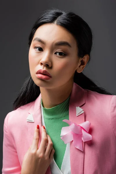 Portrait Asian Woman Pink Jacket Looking Camera Isolated Grey — Stock Photo, Image