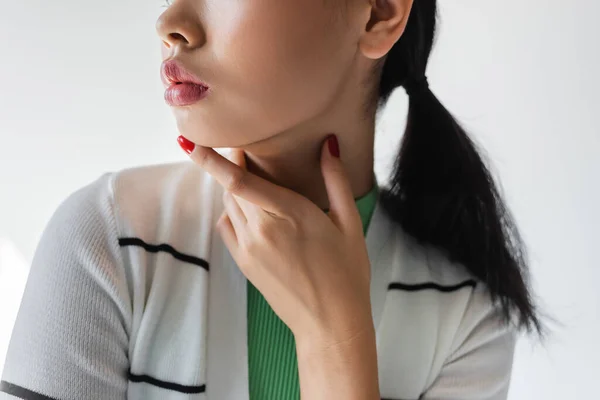 Cropped View Young Woman Red Manicure Touching Chin Isolated Grey — Stock Photo, Image