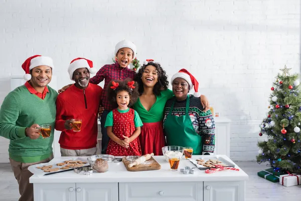 Fröhliche afrikanisch-amerikanische Familie in Weihnachtsmützen schaut in die Kamera, während sie in der Küche Weihnachtsplätzchen zubereitet — Stockfoto