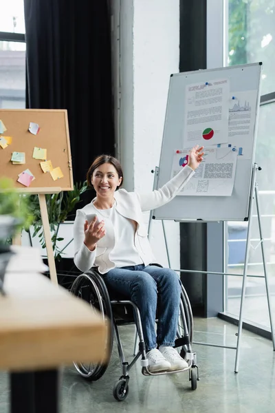 Femme d'affaires joyeuse avec smartphone tenant tout en pointant vers l'infographie sur flip chart — Photo de stock