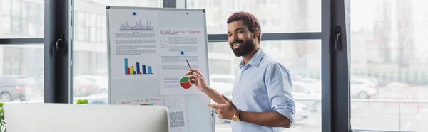 Gestionnaire afro-américain souriant pointant vers les graphiques sur flip chart près de l'ordinateur pendant l'appel vidéo, bannière — Photo de stock