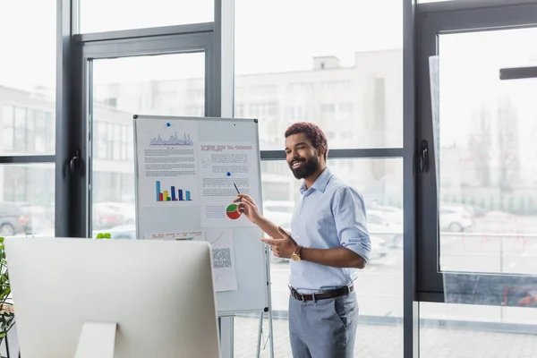 Smiling african american businessman having video call on computer and pointing at flip chart in office — Stock Photo