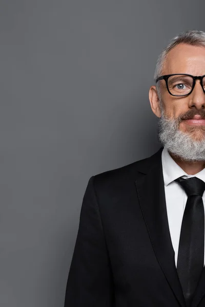 Cropped view of bearded middle aged businessman in glasses and suit on grey — Stock Photo